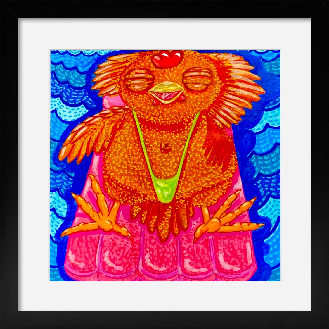 Nature art painting 'Sun Bath' from the Punto Pio Saga, a 7x7 inch piece showing a contented hen basking in the golden sunlight on the farm, reflecting the joy and dedication of the farmers.