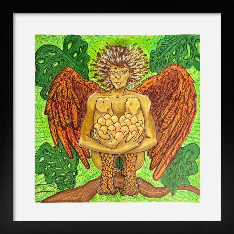 Farm art painting 'Pia, The Entrusted One' from the Punto Pio Saga, a 7x7 inch piece showing the Pia gathering eggs